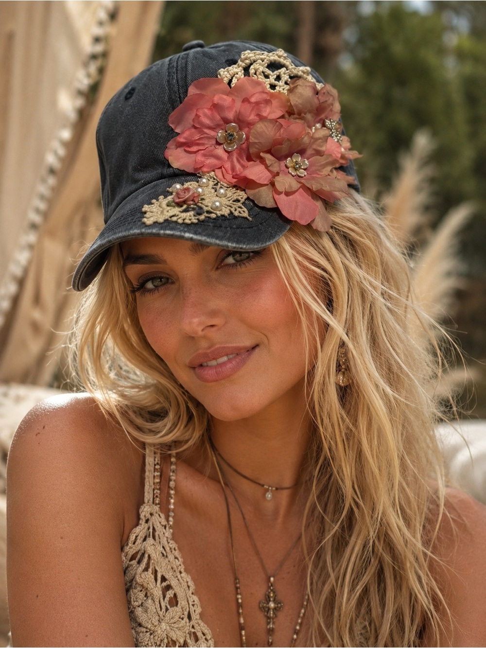 Distressed Black Baseball Cap Embellished with Flower and Rhinestone Accents